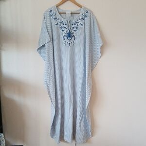 Vintage National Blue Pinstripe Boho Embroidered Kaftan